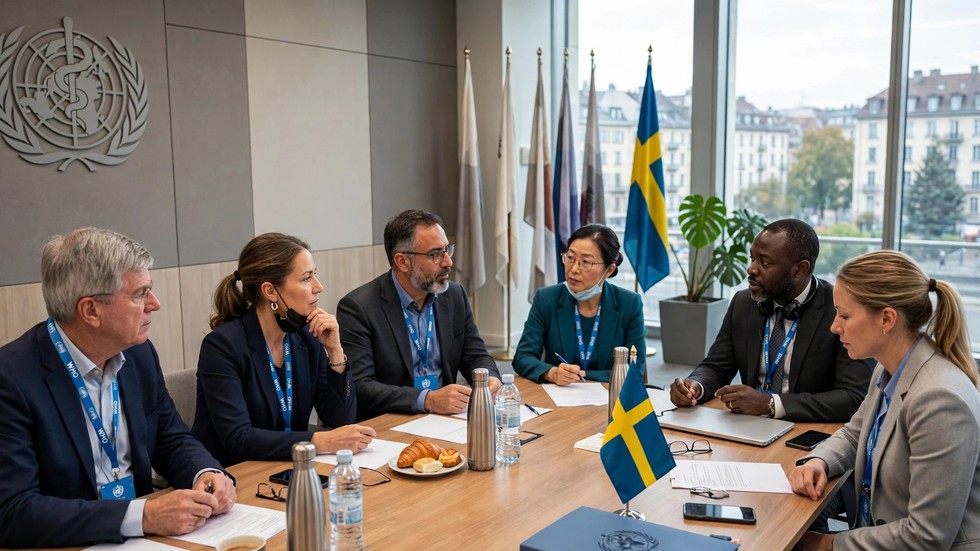 Pandemiberedskap Sverige: mötesrum med WHO-delegater och svensk flagga under pandemiförhandlingar