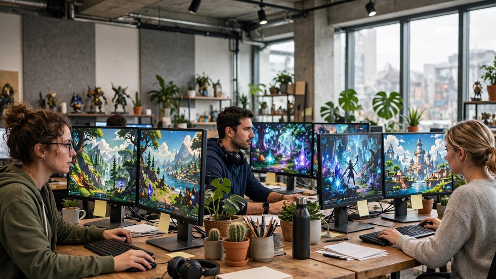 Svenska spelstudios: utvecklare vid datorer i spelstudio