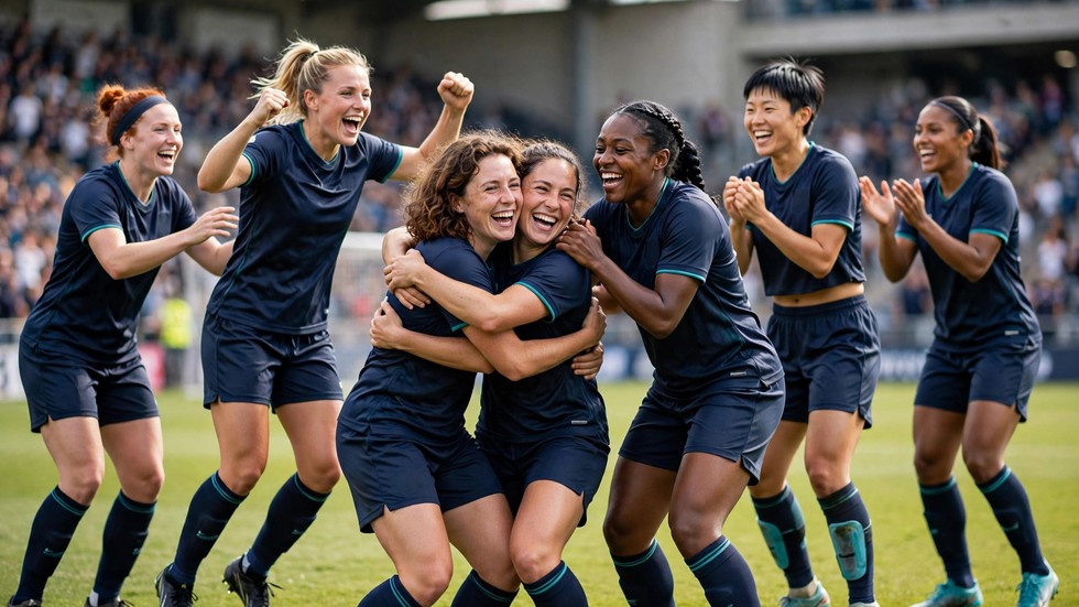 Damlandslaget i fotboll firar mål i blågult