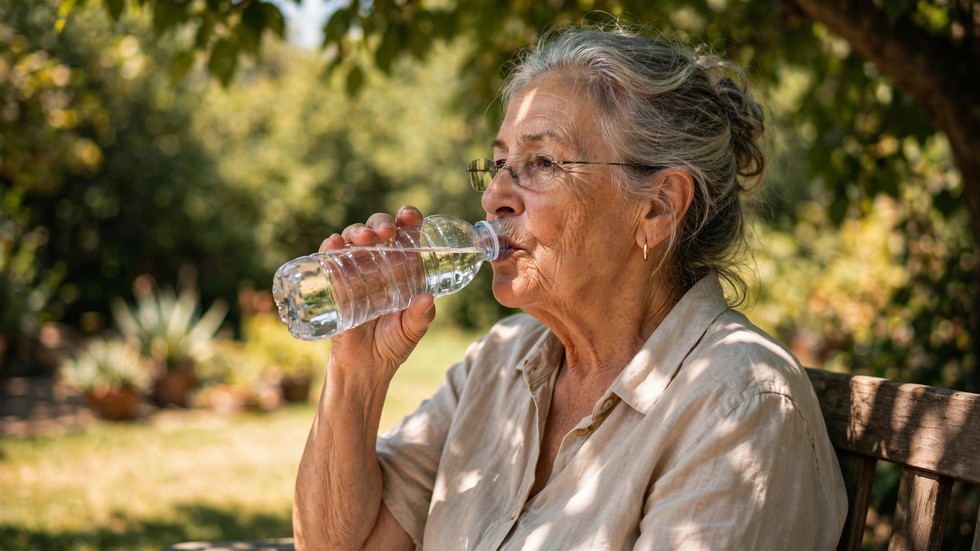 Värmebölja hälsa tips: äldre kvinna som dricker vatten i skuggan under en het sommardag