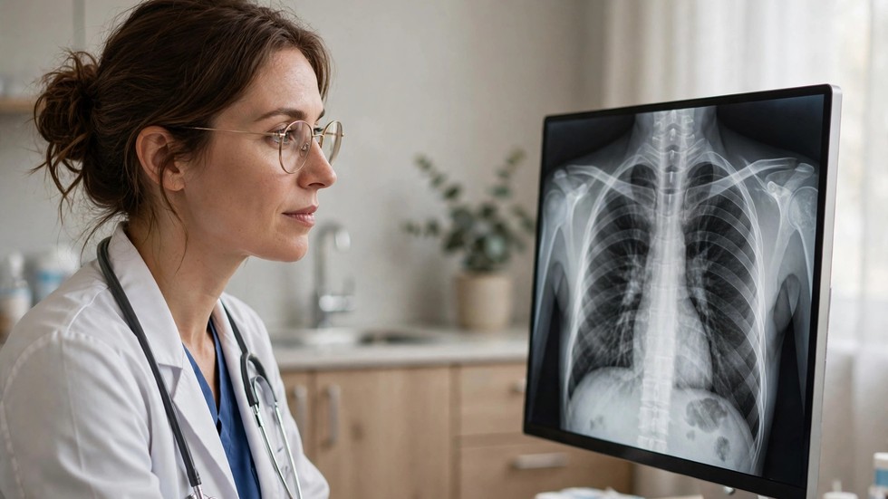 AI sjukvård diagnos: läkare som granskar AI-analyserad röntgenbild på datorskärm