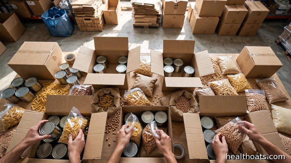 Volontärer packar matlådor för humanitär hjälp till utsatta områden.