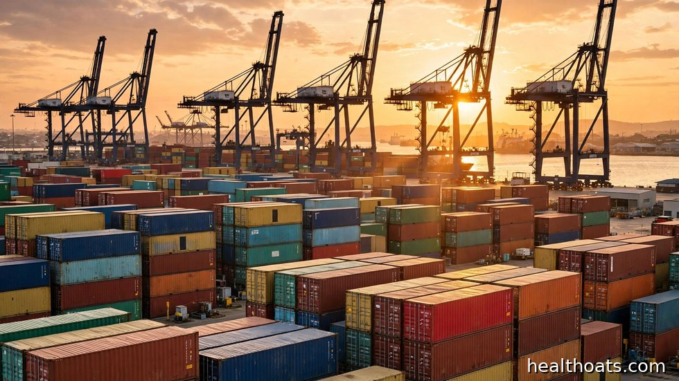 Ett containerfartyg till havs som symbol för den globala handeln under tullkonflikterna.