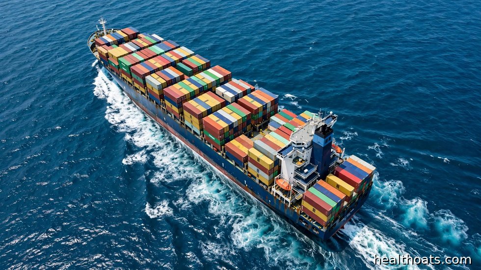 Ett containerfartyg till havs som symbol för den globala handeln under tullkonflikterna.