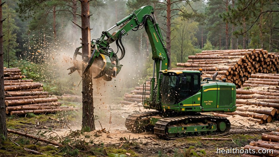 Skogsmaskin som avverkar timmer i en svensk barrskog.