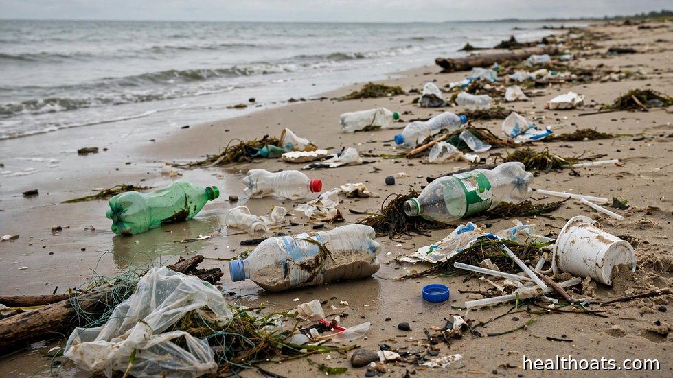 Plastskräp som spolats upp på en strand och visar havens nedskräpningsproblem.