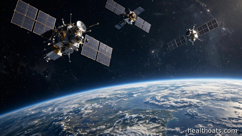 Illustration av satelliter och skrotbitar i omloppsbana runt jorden.