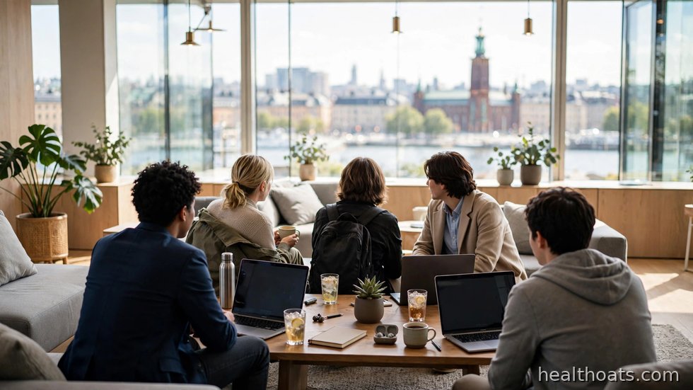 Chef och medarbetare i lönesamtal på ett svenskt kontor.