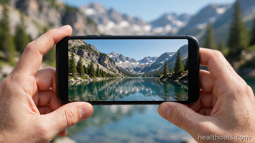 Händer som håller en smartphone och fotograferar med mobilkameran.