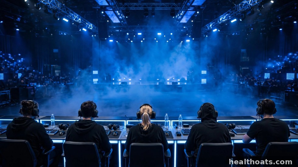 E-sportspelare på scen med headsets under en stor turnering.
