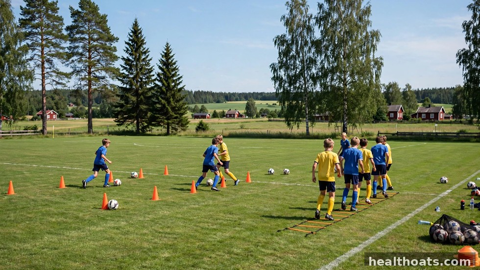 Unga spelare tränar damfotboll på en svensk fotbollsplan en solig sommardag.