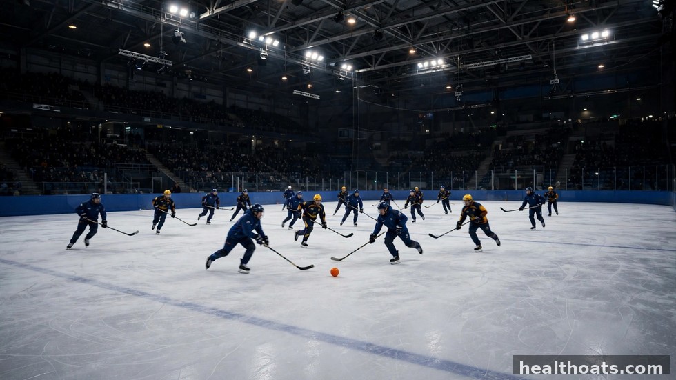 Bandyspelare jagar bollen över isen under en match i en fullsatt arena.