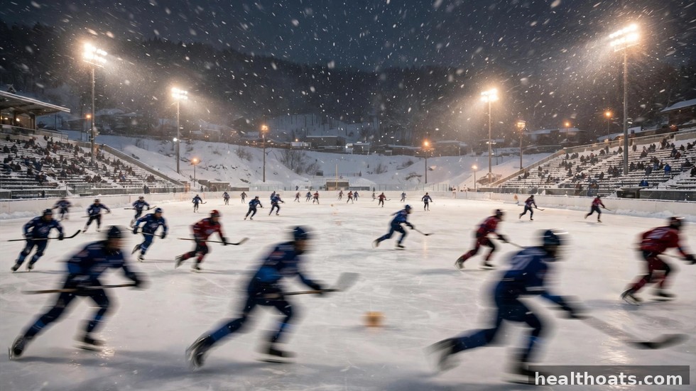 Bandyspelare jagar bollen över isen under en match i en fullsatt arena.