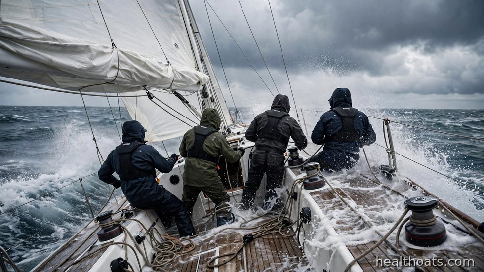 En segelbåt med besättning kappseglar på öppet hav i frisk vind.