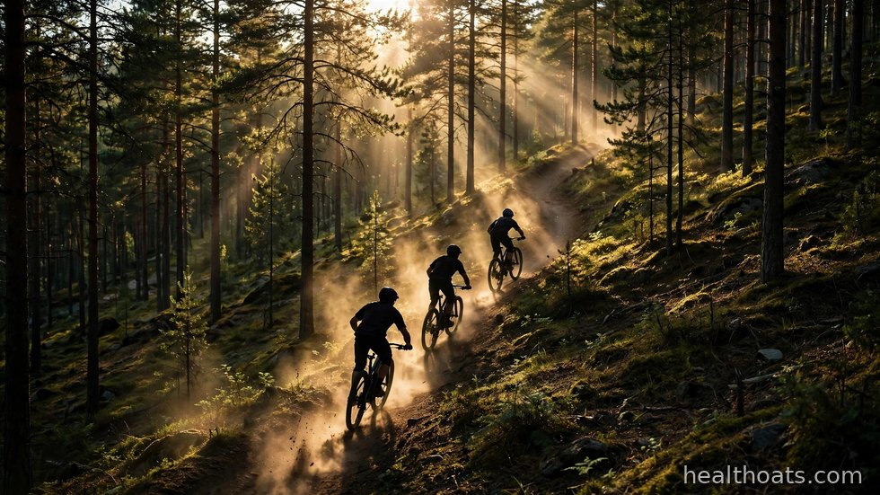 Mountainbikecyklister tar sig fram längs en stig i svensk skog.
