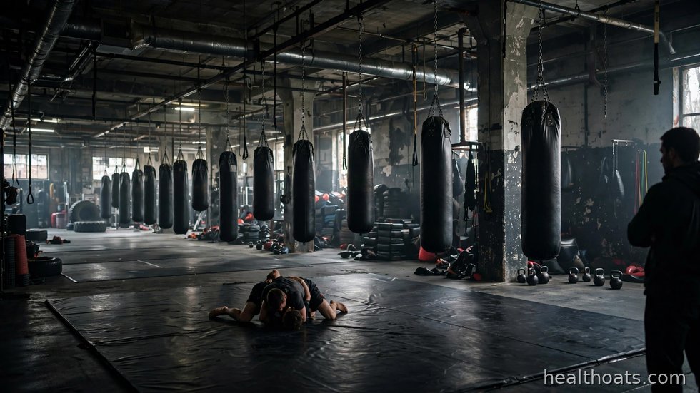 Två MMA-utövare tränar sparring i en kampsportslokal.