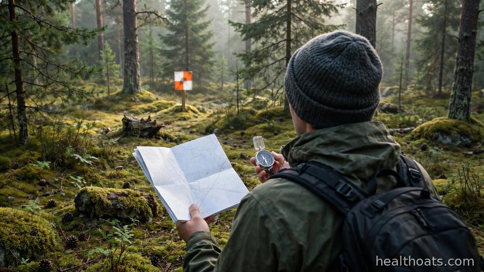 Orienterare springer genom skogen med karta och kompass i handen.