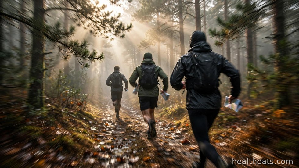 Orienterare springer genom skogen med karta och kompass i handen.